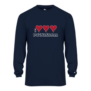 I Love, Love, Love Pickleball Men's Core Performance Long-Sleeve Shirt shown in Navy. Available in women's sizes S-2XL
