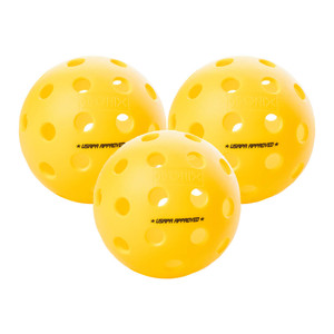 Three yellow ONIX Fuse G2 Outdoor Pickleballs. Approved by USA Pickleball for tournament play