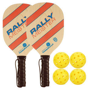Rally Meister Bundle- includes two wood paddles with premium cushion grip and four indoor balls