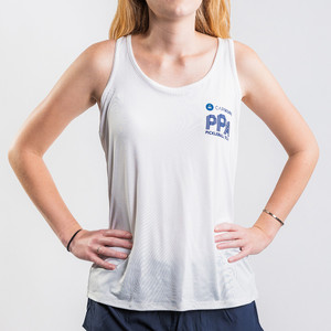 Front view of PPA FILA Heathered Racerback Tank in white.