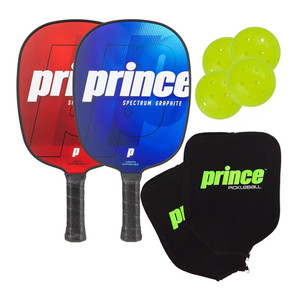 The Spectrum Graphite 2-Paddle Bundle by Prince Pickleball includes two paddles in your choice of colors, two Prince-brand paddle covers, and four outdoor neon pickleballs.