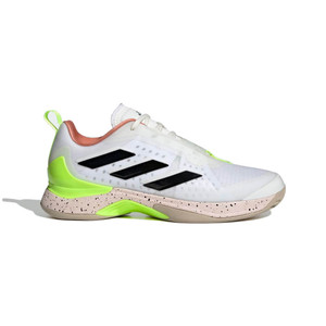 Anterior side view of the Adidas Avacourt Women's Pickleball Shoe shown in White/Core Black/Lucid Lemon color option.
