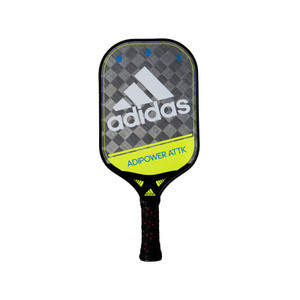 The ADIPOWER ATTK Pickleball Paddle by adidas is offered with a sleek black, silver, and yellow design, with a white adidas logo in the center.