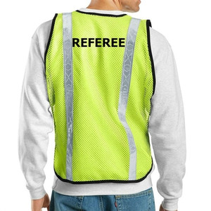 Yellow mesh pickleball tournament referee vest with "REFEREE" printed across the center of the back in black, all capital letters.