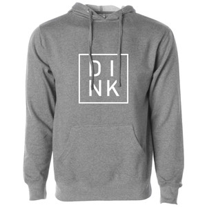 DINK Unisex Hooded Sweatshirt shown in color Gunmetal Heather. Sizes XS-3XL