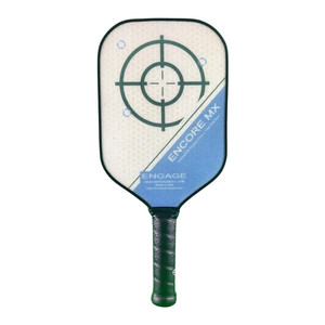 The Encore MX Elongated Paddle by Engage Pickleball is offered in blue, purple, and red color options, as well as two weight options per color.