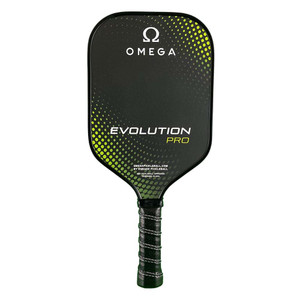 The Omega Evolution Pro Paddle by Engage Pickleball has a textured fiberglass face and 16mm core.  The Omega logo and Evolution Pro name are on the face, with a black background and accented with a circular gradient pattern of lime green dots.