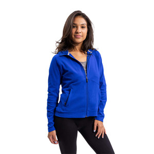 Front view of model wearing the Women's erne The Inwood Full Zip Hooded Jacket in the color PPA Blue.