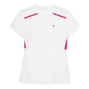Women's FILA Center Court Short Sleeve Top front view in White/Peaccok. White shirt with pink accents, including mesh panels. Small FILA box logo, left chest.