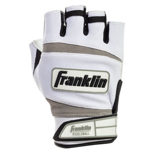 Right hand Fingerless Franklin Pickleball Performance Glove in white, black and gray. Features Franklin logo across the top of the hand.