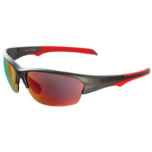 Side view of Franklin Sunglasses. Black and red frames with polarized lenses.