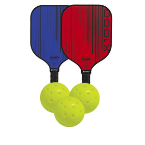 This Franklin X-1000 Composite Paddle Bundle includes two Franklin X-1000 paddles, one red and one blue, plus three Franklin X-40 outdoor pickleballs in Optic Yellow. Great value!