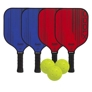 This Franklin X-1000 Composite Paddle Bundle includes four Franklin X-1000 paddles, two red and two blue, plus three Franklin X-40 outdoor pickleballs in Optic Yellow. Great value!