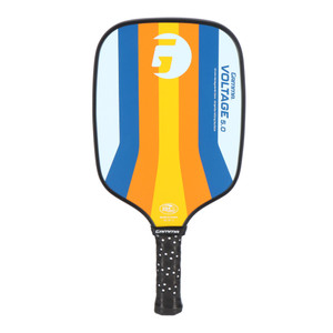 Front view of the GAMMA Quantum Series Voltage 5.0 Graphite Pickleball Paddle featuring a colorful design, 11" x 8" paddle face and 14mm thick core.