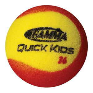 Yellow and red colored Quick Kids Practice Ball by Gamma Pickleball featuring a quieter foam construction and less bounce