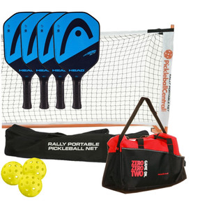 HEAD Extreme Elite Deluxe Set includes four composite paddles in blue, 3 yellow outdoor pickleballs, portable net system, and red and black duffle bag.