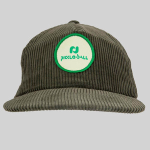 Front view of the Heritage Pickle-ball Circle Patch Vintage Corduroy Hat in the color Olive.