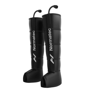 Front view of the Hyperice Normatec Dynamic Air Compression Massage System Leg Attachments pair with zippered closure. Available in sizes short and tall.