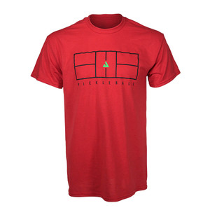 JOOLA Men's Court T-shirt features a pickleball court design across the chest with small JOOLA logo in the middle of the court and the word Pickleball across the bottom. Crew neck style.  Available in blue or red, sizes S-2XL.