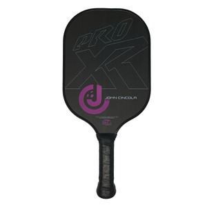 ProXR John Cincola Signature 10.5 Pickleball Paddle front view black paddle background with ProXR logo outline in white and the John Cincola logo in Fuchsia