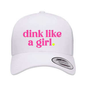 Front view of the white Dink Like a Girl Cap by jojo + lo with pink text logo graphic.