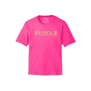 Front view of Men's jojo + lo Pickle Performance T-Shirt in the color Neon Pink.