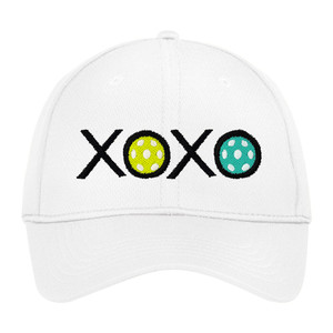 Front view of the white jojo + lo XOXO Racer Mesh Cap with embroidered logo and Velcro closure.