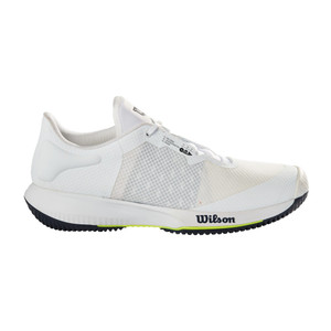 White/OuterSpace/Safety Yellow Kaos Swift Shoe by Wilson featuring a bright white design and a dark blue and neon outsole