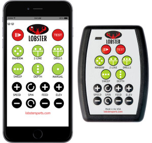 Traditional hand-held remote control and Wi-Fi Apple app-based remotes feature the Lobster logo and red, green and black buttons for changing firing speed, ball spin, shot elevation, ball feed frequency and more.