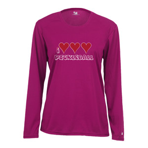 Women's I Love, Love, Love Pickleball Core Performance Long-Sleeve Shirt in Hot Pink.