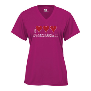 Women's I Love, Love, Love Pickleball Core Performance T-Shirt shown in Hot Pink. Available sizes S-2XL.