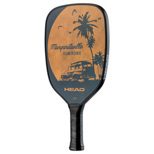 Margaritaville Island Reserve Hybrid Pickleball Paddle with palm trees and a vintage car in shades of orange and black.