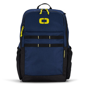 Front view of the Blue Volt OGIO Pickleball Backpack featuring multiple zippered pockets and lime green brand logo.