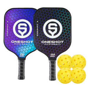 Oneshot X Composite 2-Paddle Bundle includes one paddle each in blue and black, plus four outdoor pickleballs.