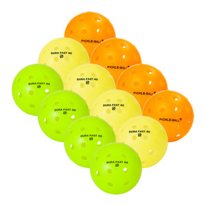 One dozen Dura Outdoor balls in neon, orange, and yellow