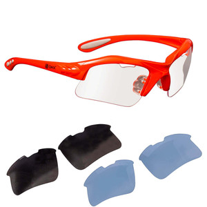 ONIX Eagle Eyewear with red frames, includes 3 colors of interchangeable lenses in clear, blue, and smoke tint.