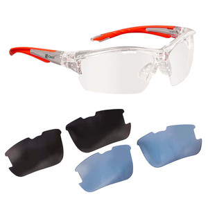 ONIX Owl Eyewear with orange and clear frames, includes 3 colors of interchangeable lenses in clear, blue, and smoke tint.