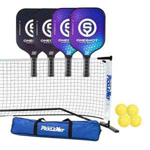 Oneshot X Complete Set includes four paddles, two each in black and blue, plus four outdoor pickleballs in yellow and a Classic PickleNet portable net system.