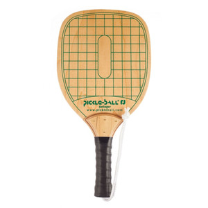 Swinger Pickleball Paddle-durable wood paddle with green checkerboard design, black handle wrap and wrist strap.