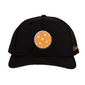 The Pickleball Central Performance Hudson Hat is a stylish trucker style hat with a bright pickleball design on the front.