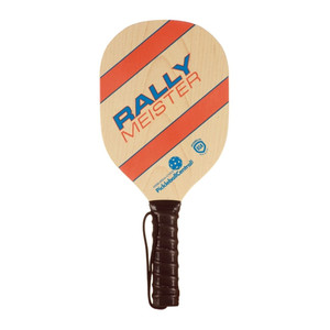 The Rally Meister wood paddle is cut from white maple with a high quality perforated, black cushion grip. Colorful orange and blue graphics are protected with satin varnish.