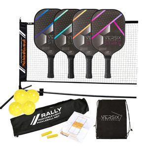 Versix Strike 4F Complete Pickleball Set - Includes the Rally Portable Light Net, four Versix Strike 4F paddles, four outdoor pickleballs, a Versix drawstring bag, two sticks of court line chalk, and a Pickleball rule book.