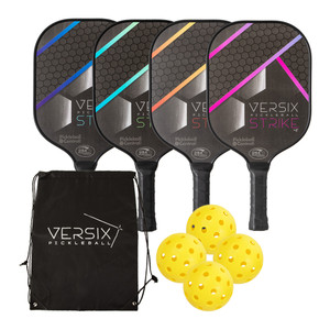 VERSIX Strike 4F Fiberglass Composite Four Paddle Bundle includes four VERSIX paddles, four yellow outdoor pickleballs, and  a black colored VERSIX drawstring bag