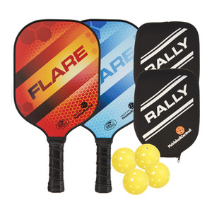The Rally Flare Graphite Bundle includes two paddles, four balls and two paddle covers.