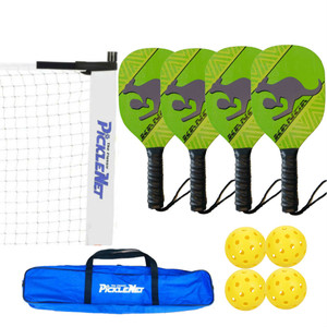 Kanga Set-Four wood paddles, portable net, and balls.