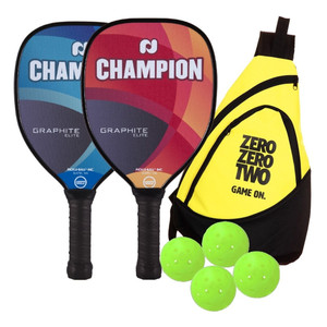 Champion Graphite Elite Bundle includes two paddles, four balls and a sling bag