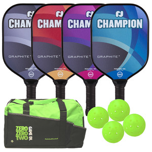 Champion Graphite X Bundle for 4 players includes (4) paddles, (4) balls and a duffel bag