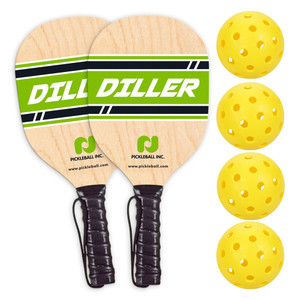Diller Wood Pickleball Paddle 2 Pack with 4 pickleball balls.