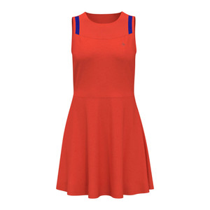Front view of the  Original Penguin Sleeveless Illusion Mesh Dress in the Fiesta color
