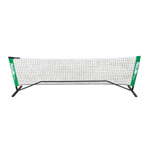 PickleNet Mini Practice Net featuring a lightweight black frame, black nylon net, and green and white net sleeves